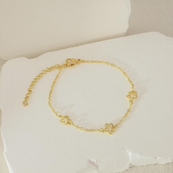 14K Gold Plated Hollow Flowers  Link Chain Ring Bracelet Hand Chain for Women - Picture 5 of 7